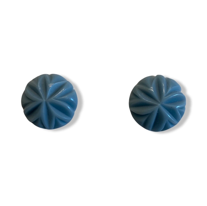 Boucles D'oreilles Anciennes Plaqué Or - Fleur Bleue En Bakélite - Style Pendantes Dormeuses - Occasion